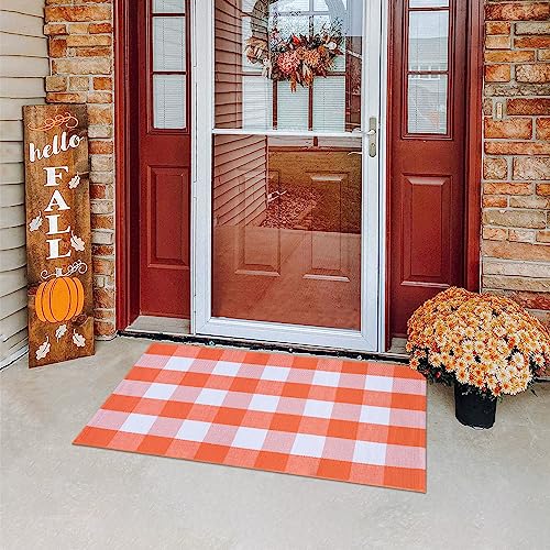 Ckorzen Fall Plaid Rug 28" x 43", Orange and White Buffalo Check Front Porch Outdoor Layered Doormat, Cotton Hand-Woven Washable Rug for Halloween Thanksgiving Autumn Decor - color: Orange & White, size: 2'4" x 3'7" (Rectangular)