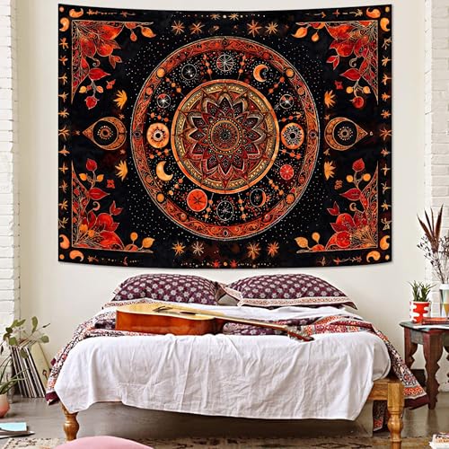 Lunerfex Mandala Moon and Stars Tapestry Boho Tapestry for Bedroom Black and Orange Tapestries Wall Hanging Living Room Wall Art and Home Decor 44x60 - color: Red, size: 60"L x 44"W