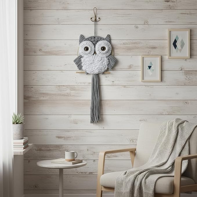 ACEDSGN Macrame Owl Wall Hanging Boho Dream Catcher, Handmade Tapestry Fiber Art Wall Decor for Nursery Bedroom Living Room, Sustainable Gift for Owl Lovers & Nature Fans - Light Gray