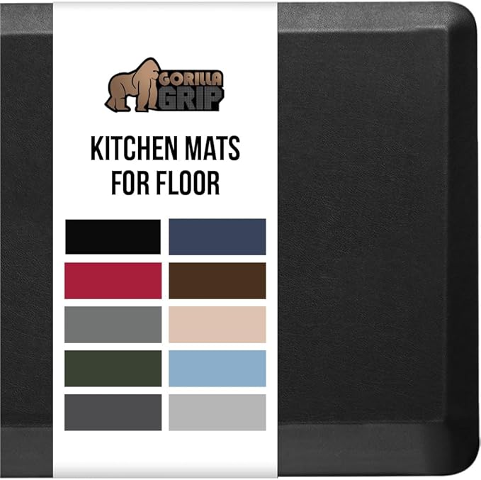 GORILLA GRIP Comfortable Cushioned Kitchen Mats for Floor, 48x20, Waterproof and Stain Resistant Soft Top, 3/4 Inch Thick Ergonomic Standing Desk Anti Fatigue Mat, Foam Supports Ankles and Feet, Black