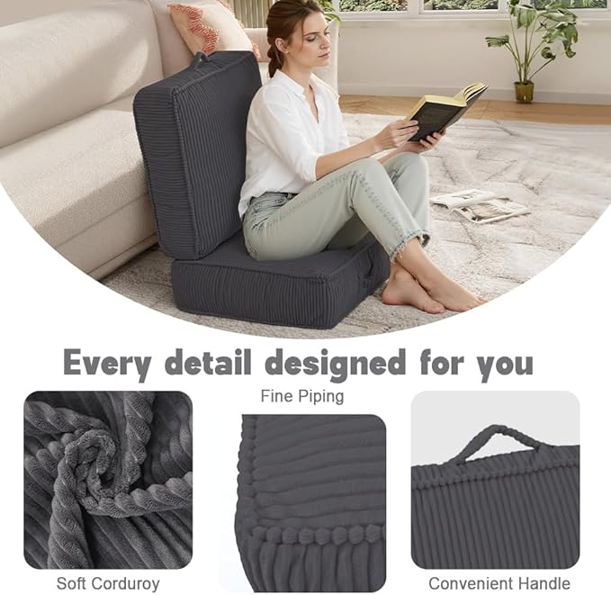 Floor Pillow for Adults Set of 2, 8" Square Floor Cushions with Washable Cover, Large Corduroy Meditation Pillow, 22 inches Tatami Seat with Handle for Living Room or Yoga, Dark Grey