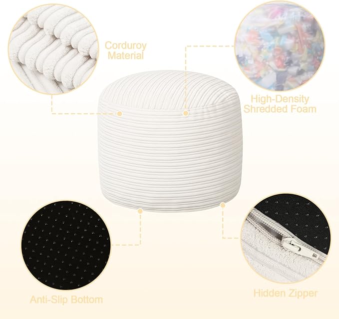 MeMoreCool Stuffed Round Pouf Ottoman Foot Rest, Soft Plush Floor Pouf Foot Stool, Corduray Footstool Footrest, Small Round Ottoman for Living Room Couch Sofa Chair, 20x15 Inch Beige