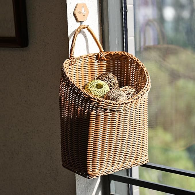 Woven Hanging Wicker Basket for Door, Handmade Rattan Hanging Wall Baskets for Garden Farmhouse Home