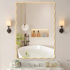 Gold Wavy Bathroom Mirror 28" x 40" Rectangle Scalloped Mirror for Wall Decor, Bathroom Vanity, Bedroom, Living Room, Entryway
