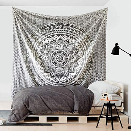 ANJANIYA Ombre Wall Hanging Bohemian Tapestry, Metallic Wall Art Bedspread, Psychedelic Hippie Mandala Dorm Décor for Hanging, Bedding, Beach Coverlet Curtain, Grey Black, 54"X60" - color: Grey Black, size: 60"L x 54"W