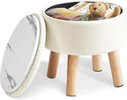 IBUYKE 13 Inch Foot Stool Ottoman with Storage, Round Small Foot Rest with Padded Seat and Wood Legs, PU Faux Leather Mini Footstool for Living Room Couch Bedroom Entryway, Beige WBD023W