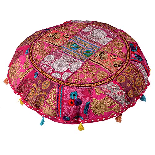 Rajasthani Handmade Colorful Decorative Floor Pillow Cover Meditation Patchwork Patchwork Cushion Seating Accent Boho Chic Indian Handmade Cover ONLY (Pink, 32X32 Inches) - color: Pink