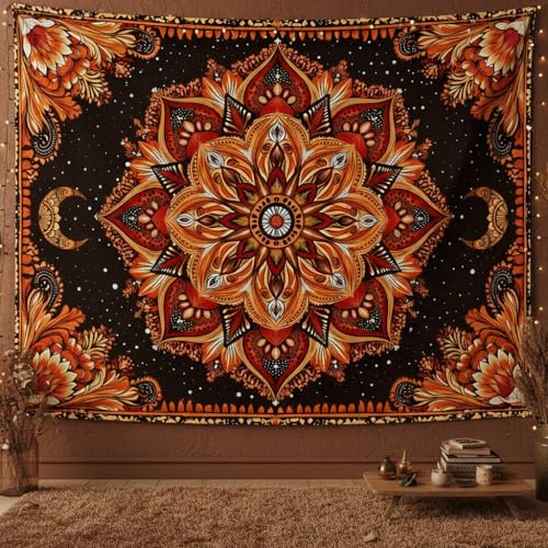 Accnicc Mandala Floral Tapestry Wall Hanging Boho Orange Red Tapestry Aesthetic Hippie Vintage Bohemian Flower Celestial Indian Cute Small Tapestries for Bedroom Living Room Dorm Decor 48 x 36 Inch - color: Burnt Orange, size: 48"L x 36"W