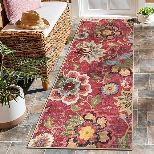 Beeiva Washable Laundry Room Rug Runner, 2x5 Red Ultra Thin Floral Kitchen Rugs Non Slip Washable, Vintage Small Bedside Christmas Rug Runner Lightweight Indoor Carpet for Entryway Bedroom - color: Red, size: 2' x 5' (Rectangular)