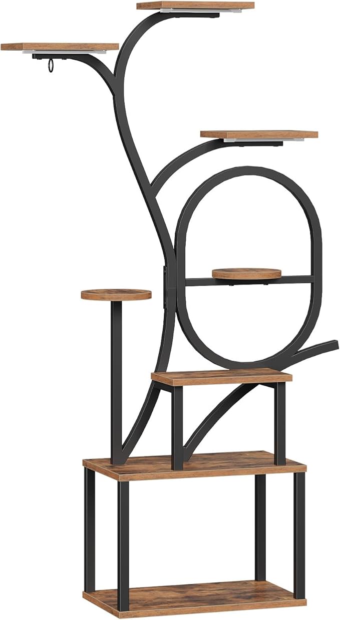 Plant Stand Indoor with Grow Lights - 60" Tall Plant Shelf, Indoor Plant Lighting Stands, 8 Tiered Flower Holder, S-Shaped Decorative Rack for Living Room, Rustic Brown and Black PSHR170E01