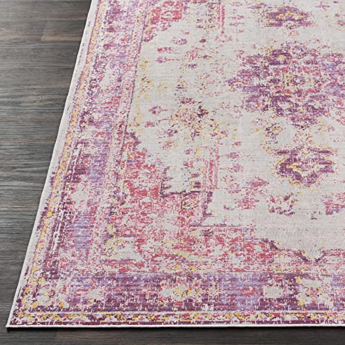 Hauteloom Laureldale Oriental Living Room, Bedroom, Girl Room Area Rug - Bohemian, Boho Medallion - Vintage Distressed - Low Pile Carpet - Pink, Purple, Grey, Yellow - 5'3" x 7'1" - color: Red, Light Gray, Lavender / Laureldale, size: 5'3" x 7'3" (Rectang