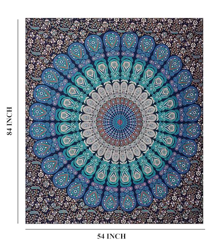 FURNISHFUL FINESSE Handmade Cotton Peacock Mandala Tapestry - Navy Blue & Green Ombre Boho Wall Decor, Bohemian Hippie Room Hanging for Bedroom & Living Room - 54x84 Inches - color: Navy Blue, size: 84"L x 54"W