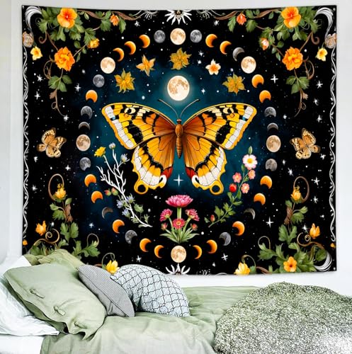 Delur Butterfly Moon Flower Tapestry Botanical Floral Plant Boho Tapestry Wall Hanging Mandala Aesthetic Mushroom Retro Vintage Headboard for Bedroom Living Room Home Decor (59.1" x 78.7") - color: Butterfly Moon, size: 59.1"L x 78.7"W