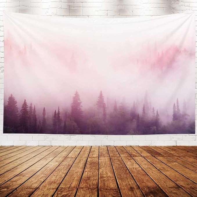 EMMTEEY Misty Forest in Pink Mist at Sunup Wall Tapestry - 60X40 Hanging Wall Art for Bedroom Living Room