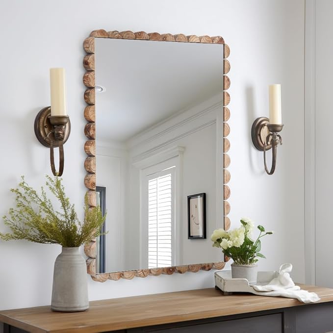 Wavy Mirror Solid Wood,22x30 Boho Bathroom Wooden Natural Farmhouse Scalloped Irregular Country Mirror for Living Room,Bedroom,Entryway