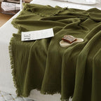 100% Cotton 4-Layer Muslin Blanket with Fringes, 50"x60", Avocado Green Throw Blanket, Ultra-Soft Gauze Blanket, Boho Bedding for All Seasons, Breathable for Couch, Bed(Avocado Green,Throw)
