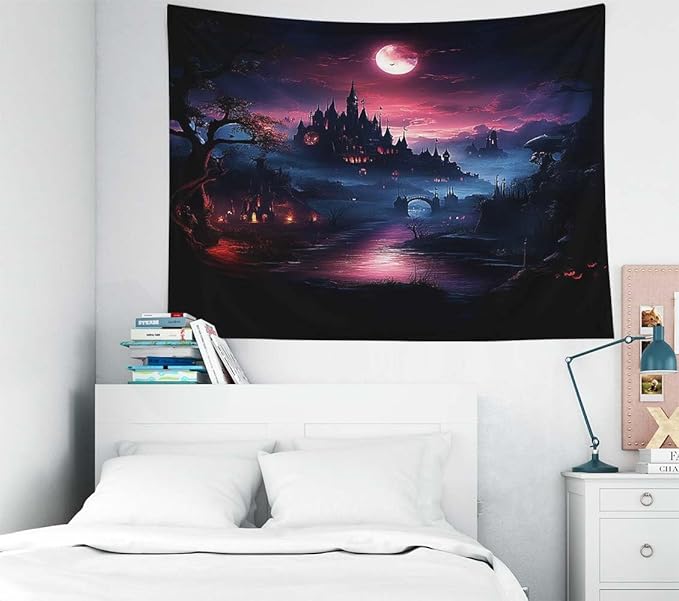 EMMTEEY Halloween Tapestry Halloween Castle Red Moon Dark 60X40 Inch Small Tapestry Wall Art Hanging Tapetries for Bedroom Living Room Dorm Décor