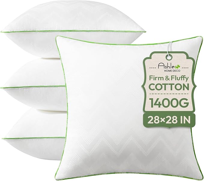Ashler Throw Pillow Inserts (Pack of 4, White), 28 x 28 Inches Pillow Inserts with 100% Cotton Cover, Indoor Decorative Pillows Inserts for Couch Sofa and Bed