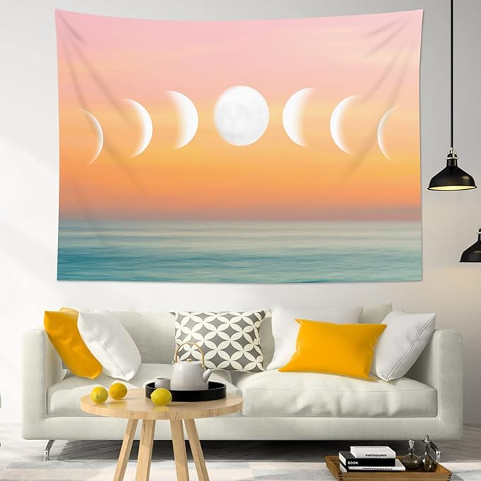 LB Orange Sky Moon Phase Tapestry, Pink and Orange Sunshine Over Teal Ocean Wall Tapestry for Bedroom, Nature Landscape Wall Hanging Tapestry Wall Art for Living Room Home Decor, 59 x 51 Inches