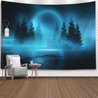 EMMTEEY Blue Aesthetic Tapestry Moonlight Shine Dark Natural Scene with Reflection of in the Water Neon Blue Tree Tapestry 60X50 Tapestry Dorm Tapestry