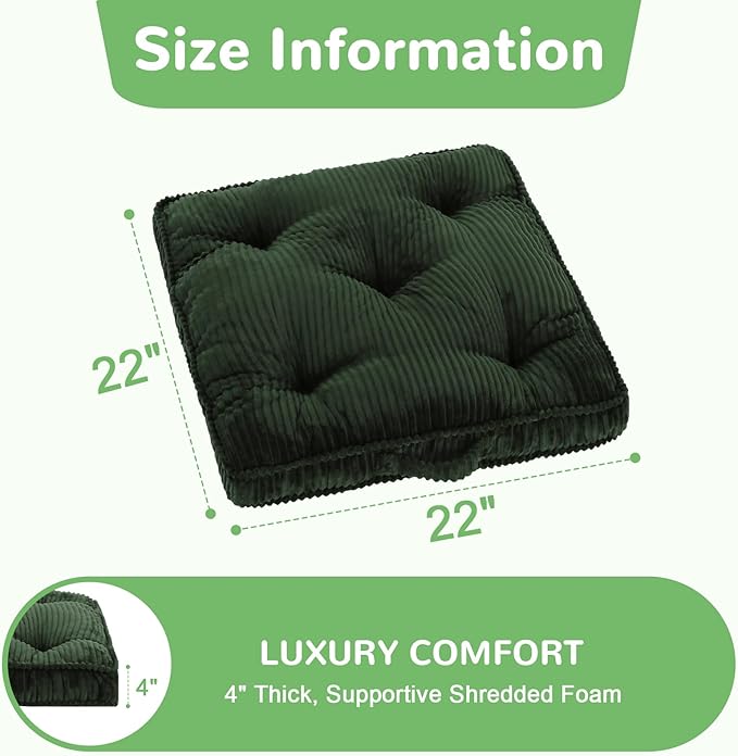 Floor Pillow Set of 2, 22x22 Tufted Floor Cushion for Adults, Square Large Meditation Cushion Pillow, Green Corduroy Sitting Pillow with Handle, Yoga Seating for Tatami