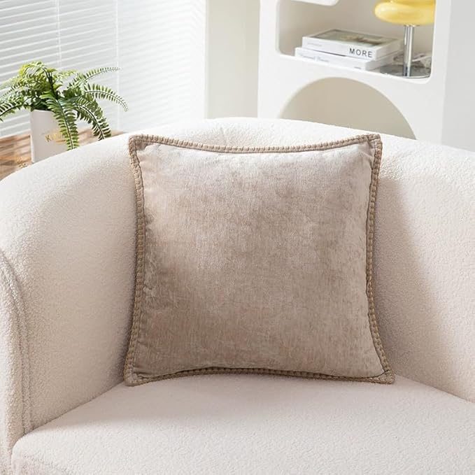 Decorative Throw Pillow Covers Pack of 2, 18x18 In Chenille Soft Pillow Covers with Stitched Edge, Farmhouse Neutral Euro Decorative Pillows for Bed Couch Sofa Home Decor Living Room,Beige