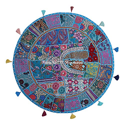 Indian Bohemian Floor Cushion Extra Large Turquoise 40 Inch Patchwork Living Room Pouffe Footstool Home Decor Embroidered Vintage Cotton Round Floor Pillow Bohemian 40x40