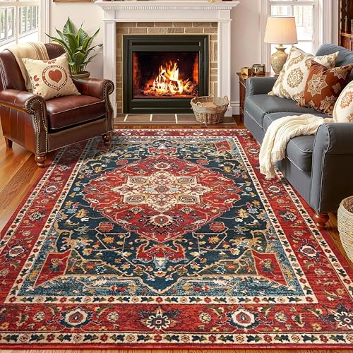 YJ.GWL Area Rugs for Living Room 4x6 Machine Washable Rugs for Bedroom, Non Slip Floral Vintage Rug Indoor Carpet, Stain Resistant Throw Rug for Dining Room Kitchen, Orange-Red - color: Orange-red, size: 4' x 6' (Rectangular)