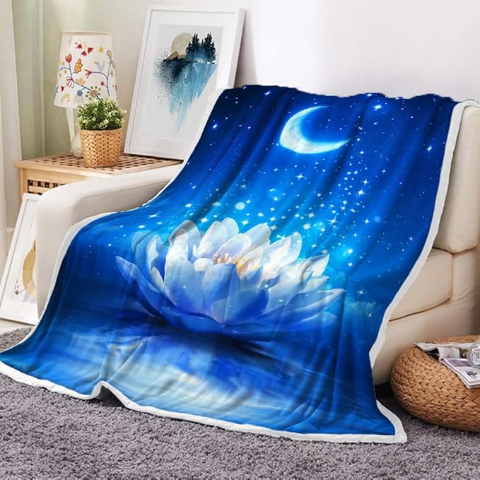 Galaxy Space Throw Blanket Moon Flower Stars Print Decor Soft Warm Cozy Blanket Plush Blue Throws Blankets for Women Girls Kids Couch Travel Livingroom Bedroom Decor 60 x 80 Inch
