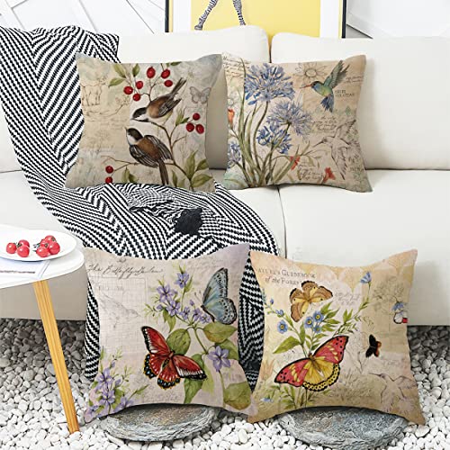 wyooxoo Farmhouse Pillow Covers 18x18 Set of 4 Spring Summer Throw Pillow Covers Linen Flower Butterfly Bird Decorative Pillowcases for Sofa Couch Living Room Outdoor - color: Color C, size: 18" x 18" (Pack of 4)