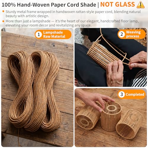 Hotsonic 72" Tall Boho Rattan Style Floor Lamp with Hand-Woven Paper Cord Shade, Dimmable Industrial Tree Standing Lamp for Living Room, Bedroom, Study Room, Office (3 x 800LM Bulbs Included) - Black - color: Black+Light Brown