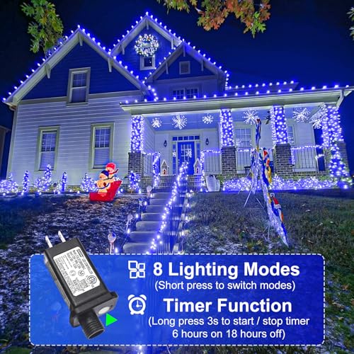 2 Pack Christmas Lights Outdoor, Total 200FT 600 LED String Lights for Outside Waterproof with 8 Modes, Connectable Plug In Fairy Lights for Indoor Patio Garden Party Holiday Decorations, Blue - color: Blue, size: 200FT 600LED