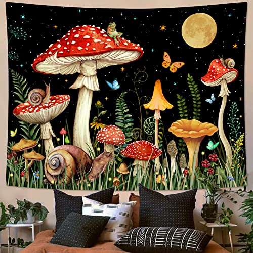 Zussun Red Mushroom Tapestry Moon Star Tapestries for Bedroom Aesthetic Starry Night Green Plant Tapastrys Wall Hanging Butterfly Snail Frog Wall Tapestry for Living Room Dorm (Black, 60" x 44") - color: Black, size: 60"L x 44"W