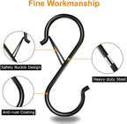 16 Pack S Hooks for Hanging, 3.5 inch Heavy Duty Metal S Hooks with Safety Buckle S Shaped Hooks Pot Rack Closet Hooks for Hanging Plants, Clothes, Kitchen Utensil, Pots, Pans, Bags (Black)