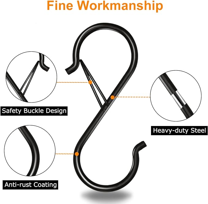 16 Pack S Hooks for Hanging, 3.5 inch Heavy Duty Metal S Hooks with Safety Buckle S Shaped Hooks Pot Rack Closet Hooks for Hanging Plants, Clothes, Kitchen Utensil, Pots, Pans, Bags (Black)