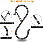 48 Pack S Hooks for Hanging, 3.5 inch Heavy Duty Metal S Hooks with Safety Buckle S Shaped Hooks Pot Rack Closet Hooks for Hanging Plants, Clothes, Kitchen Utensil, Pots, Pans, Bags (Black)