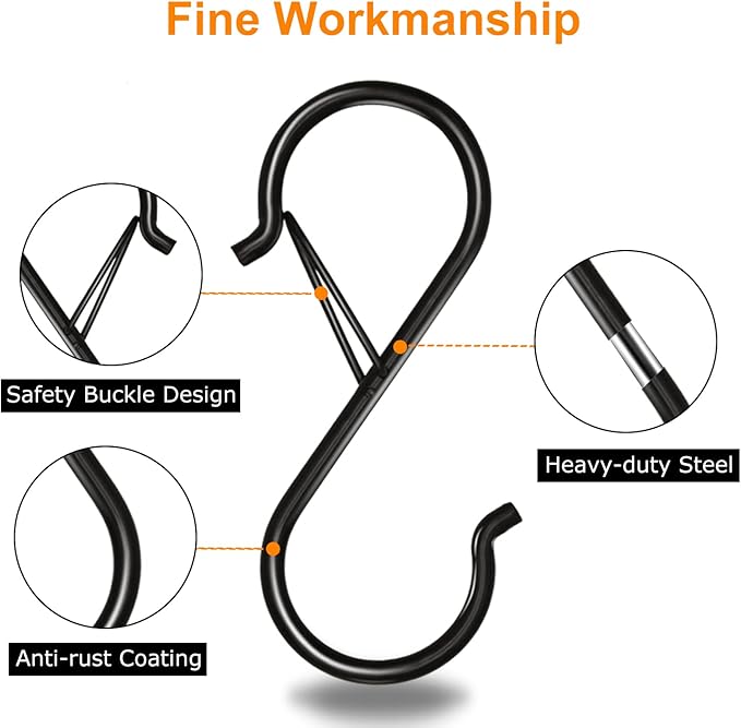 48 Pack S Hooks for Hanging, 3.5 inch Heavy Duty Metal S Hooks with Safety Buckle S Shaped Hooks Pot Rack Closet Hooks for Hanging Plants, Clothes, Kitchen Utensil, Pots, Pans, Bags (Black)