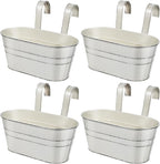 OBTANIM 4 Pack Metal Hanging Flower Pots Iron Railing Planter Outdoor Fence Hanging Pots Bucket Plant Holder with Detachable Hooks Drain Holes for Home Garden Yard Decor (White)