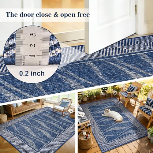 Jute Rug 6x9 Outdoor Patio Rug with Border, Washable Rugs for Living Room, Farmhouse Non Slip Area Rugs with Rubber Backing Indoor Outdoor, Non Shedding Carpet for Bedroom, Courtyard, Blue - color: Blue, size: 6'x9'