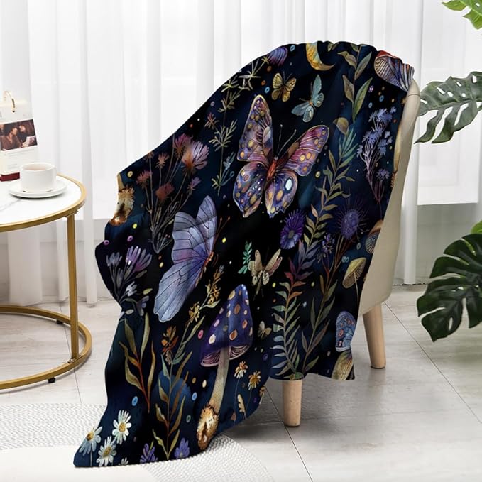 Celestial Witch Garden Throw Blankets Butterfly Moon Flower Fleece Throw Blanket,Dark Botanical Floral Plant Boho Cozy Decor Nap Blankets for Sofa Bed Couch Chair or Dorm Throws 40"x50"