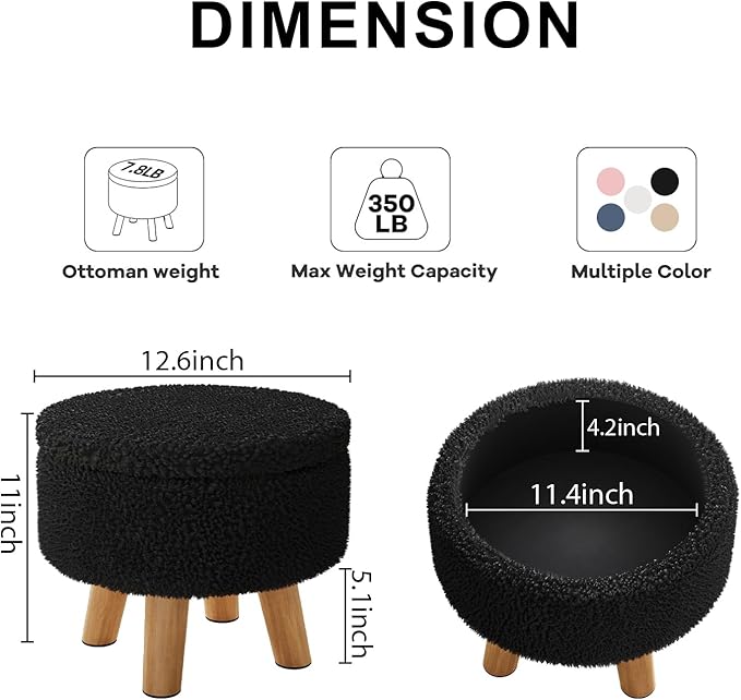 Black Storage Ottoman, Small Foot Stool Ottoman with Storage, Boucle Sherpa Foot Rest for Couch, Round Footstools with Soft Seat, Sturdy Wood Legs Stool for Living Room, Hallway, Desk