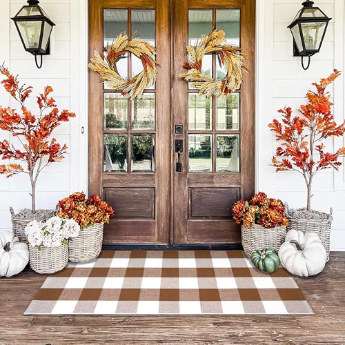 Homydecor Buffalo Plaid Outdoor Rugs, 24'' x 51'' Coffe and White Checkered Area Rug, Layering Rug for Hello/Welcome Door Mat, Washable Cotton Woven Farmhouse Mat for Front Porch Décor - color: Coffee & White Plaid, size: 2' x 4'3" (Rectangular)