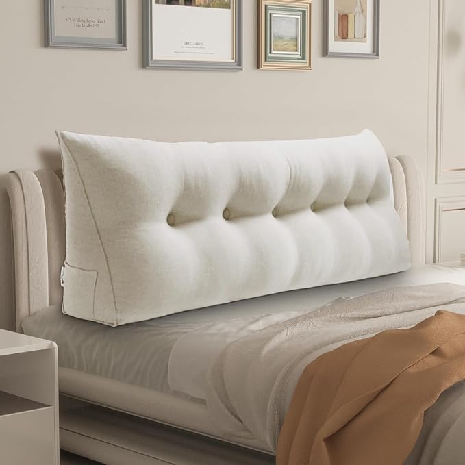 WOWMAX Headboard Pillow Triangular Bed Wedge Pillow for Headboard Large Bolster Pillow for Bed with Removable Cover, 80% Cotton & 20% Linen Blend, Pure White