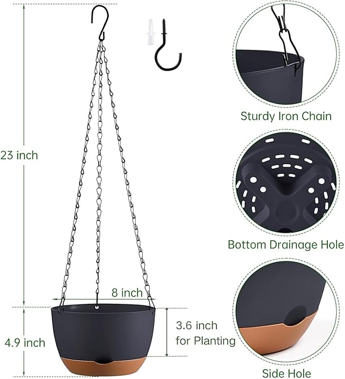 Set of 2 Hanging Planters for Indoor Outdoor Plants, 8 Inch Self-Watering Hanging Flower Pots with Drainage Hole & Removable Water-Storage Tray (Hooks)