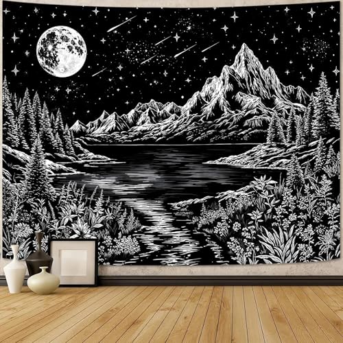 Zussun Black and White Mountain Forest Tapestry for Bedroom Aesthetic Dark Nature Lake Landscape Tapestries Wall Hanging Moon and Stars Wall Tapestry for Living Room Dorm 90 × 68 Inch - color: Black Lake, size: 90"L x 68"W