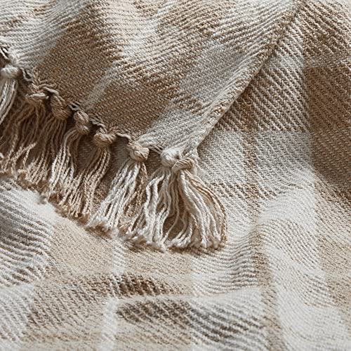 Americanflat 50x60 Throw Blanket - Soft and Breathable Cotton Throw Blanket for Couch, Bed, Chair - Decorative Blankets Perfect for Home, Office, or Outdoor Use - Ecru Camel Plaid Design - color: Ecru Camel Plaid