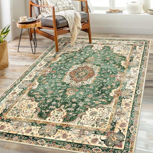 Green Rug 3'x5',Washable Area Rugs for Bedroom Living Room Kitchen Entryway Bedside,Small Boho Vintage Bohemian Distressed Oriental Non Slip Carpet,Retro Sage Floral - color: Green, size: 3'x5'