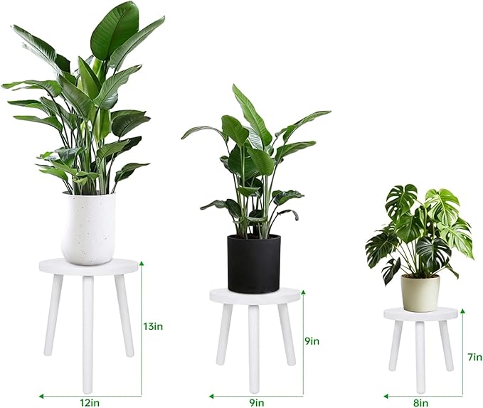 3-Pack Wood Plant Stands Indoor, Single Plant Stand for 6-12 Inch Pots, Mid-Century Modern Plant Stool, Tall Plant Stand for Large Plants for Living Room, Balcony, Office (White)