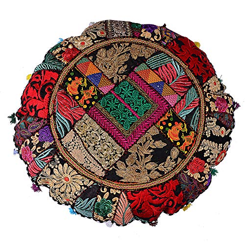 Rajasthani Handmade Colorful Decorative Floor Pillow Cover Meditation Patchwork Patchwork Cushion Seating Accent Boho Chic Indian Handmade Cover ONLY (Black Patchwork, 32x32 Inches) - color: Black