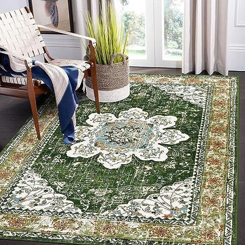 Ileading Bohemian Vintage Area Rug 4x6ft, Machine Washable Low-Pile Accent Carpet, Non-Shedding Non-Slip Living Room Floor Throw Rugs for Bedroom,Dining Room,Kids Playroom,Rv,Office(Green) - color: Green, size: 4' x 6' (Rectangular)